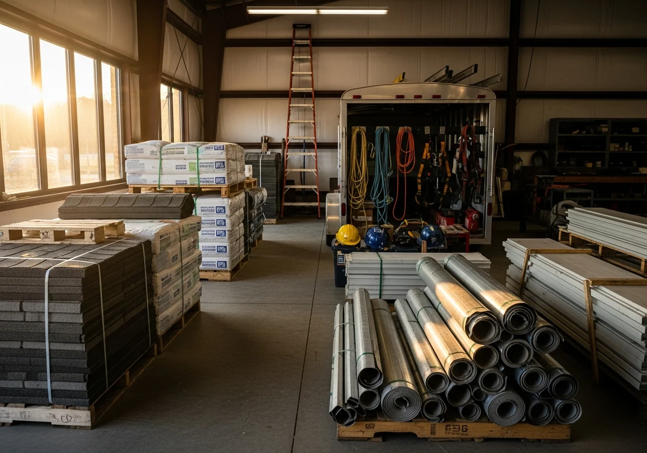 Contractor tools and materials on a work site, ready for roofing or siding installation.