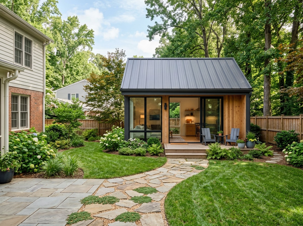 Modern backyard ADU with large windows and landscaped path in a Morrisville, NC neighborhood