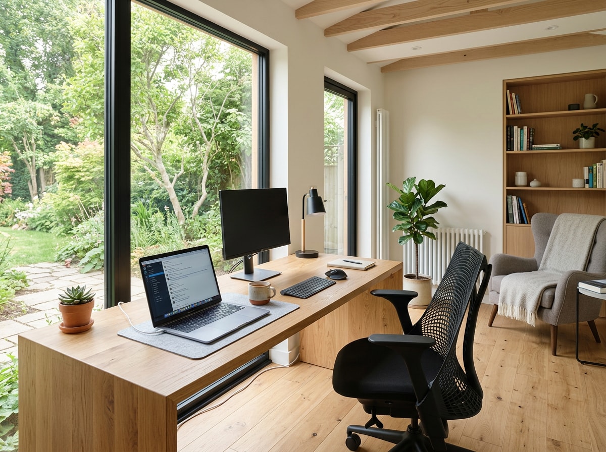 Converted ADU home office interior with large desk and natural light