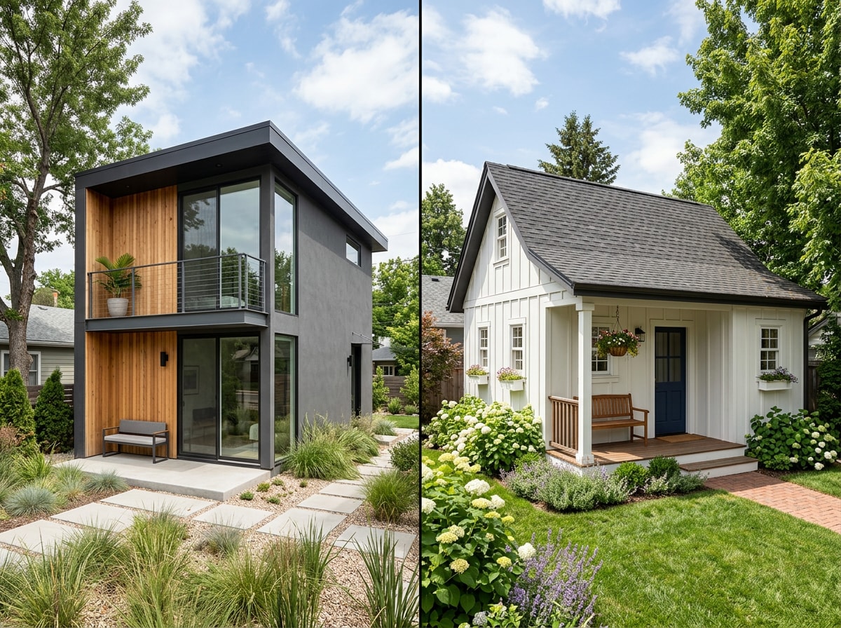 Side-by-side comparison of modern and farmhouse ADU exterior styles