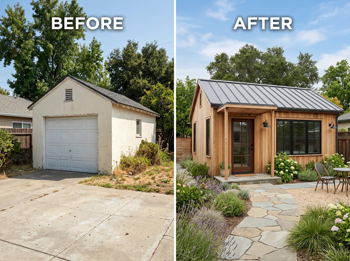 Before and after photo of a detached garage converted into a backyard ADU