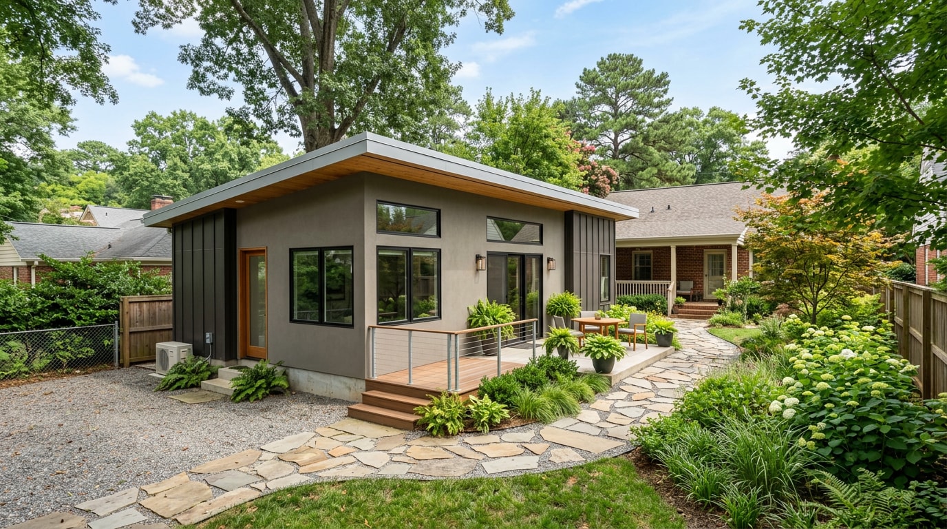 Modern backyard ADU exterior in a Morrisville, NC style neighborhood
