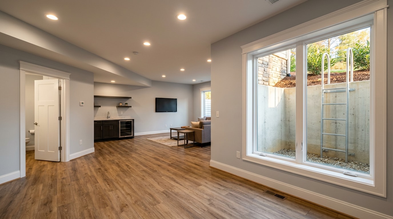 Finished basement living space with egress window in a Cary, NC home Finished basement living space with egress window in a Cary, NC home