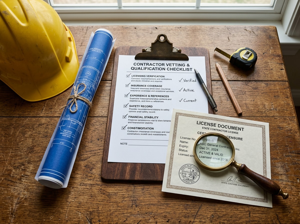checklist graphic showing license, insurance, and contract verification steps for hiring a building contractor