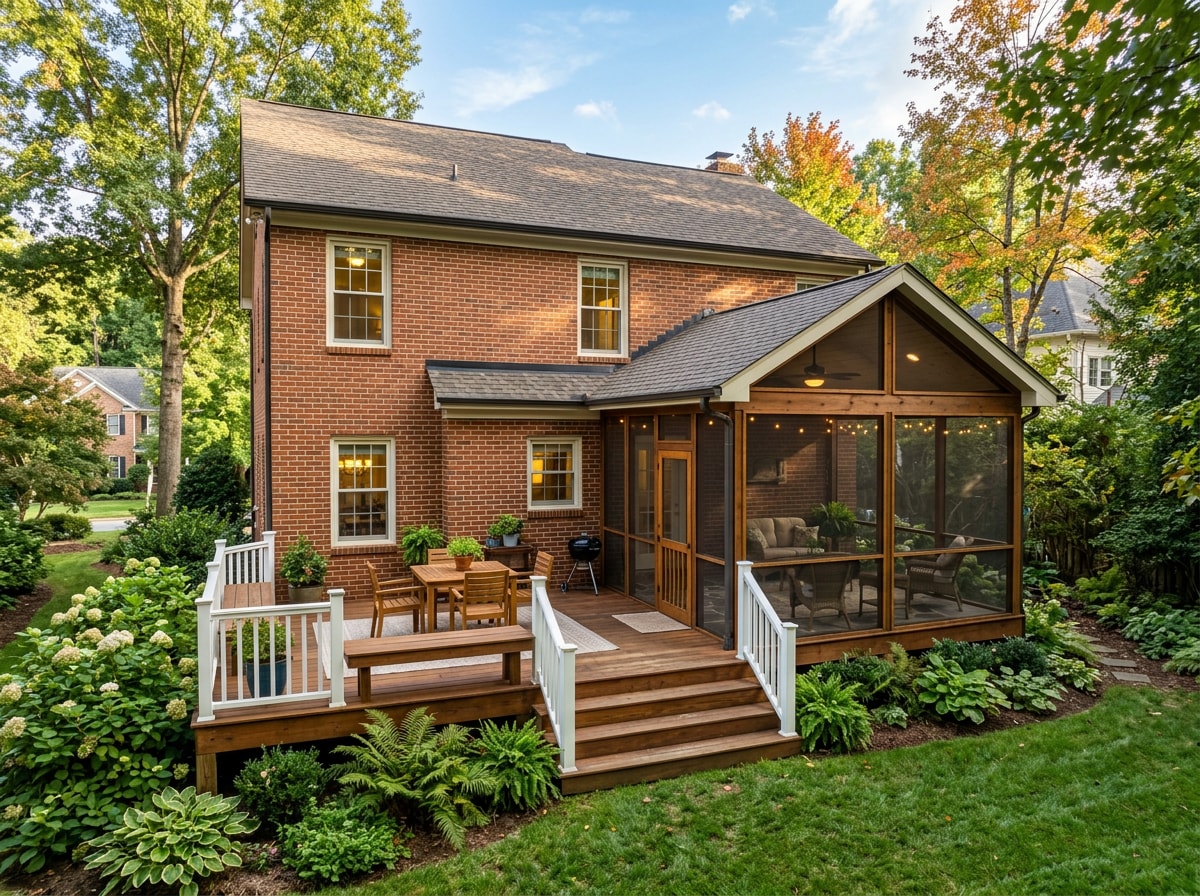 finished deck and screened porch addition attached to a brick home in Raleigh, NC
