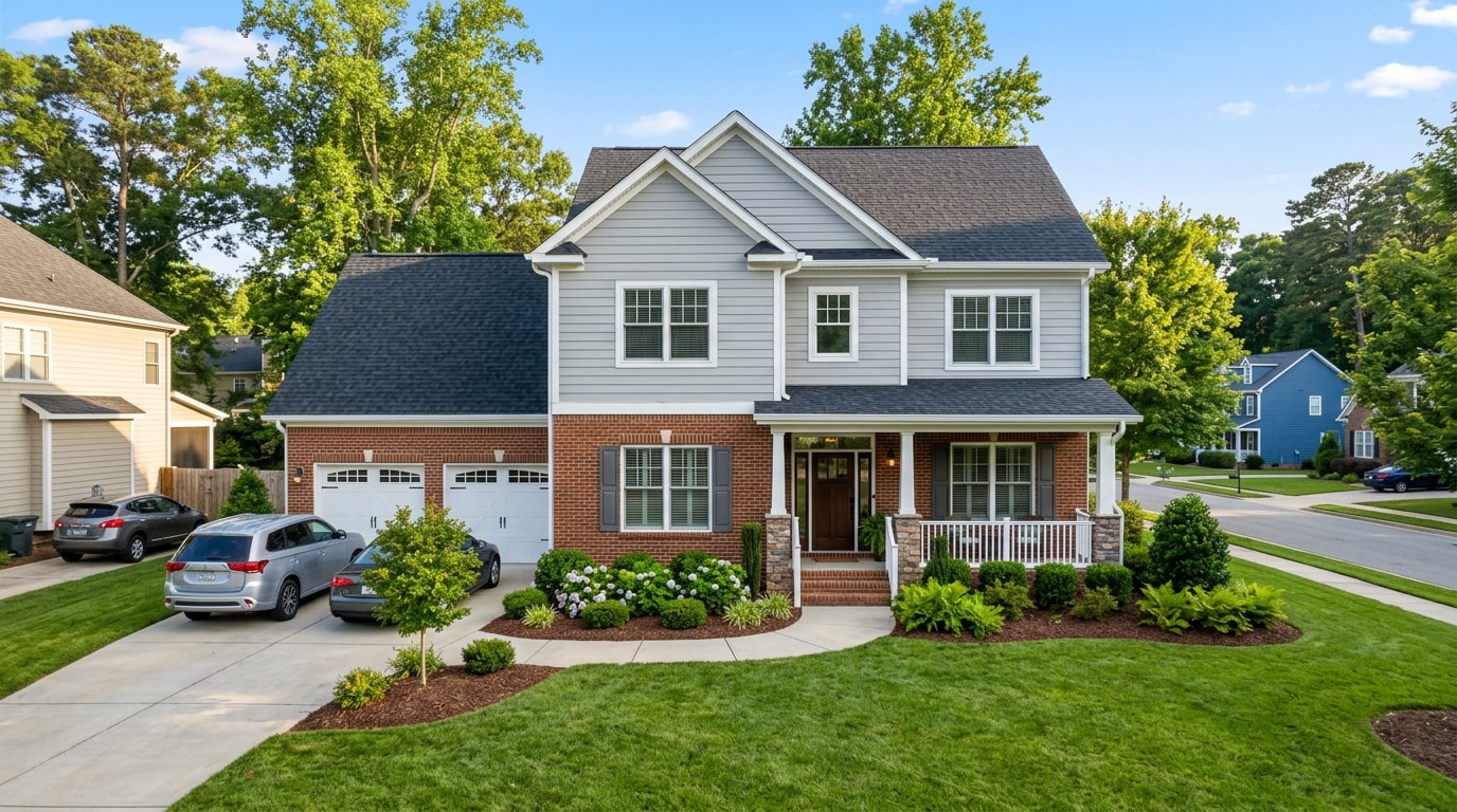 finished home exterior with new roof and siding in a Raleigh, NC neighborhood
