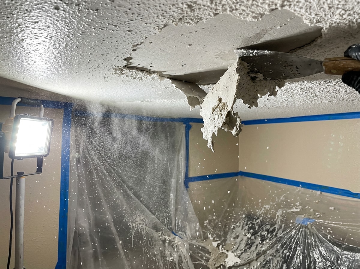 Professional contractor using the wet scrape method to remove a popcorn ceiling texture