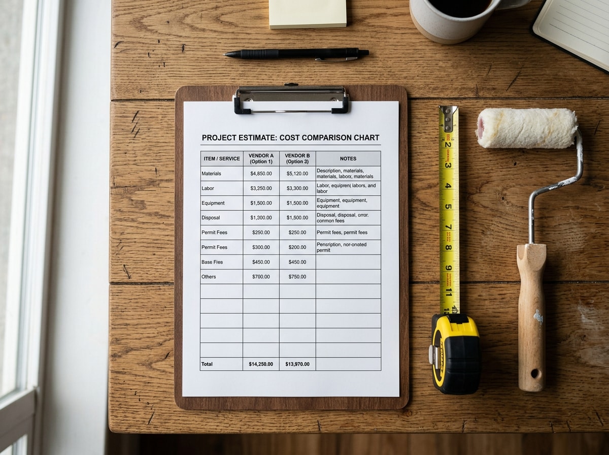 Cost comparison table showing popcorn ceiling removal pricing by room size in Cary, NC