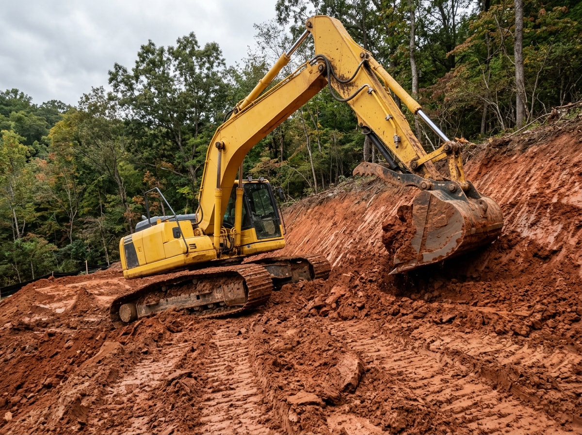 Excavator performing cut-and-fill grading on a sloped Chapel Hill building lot