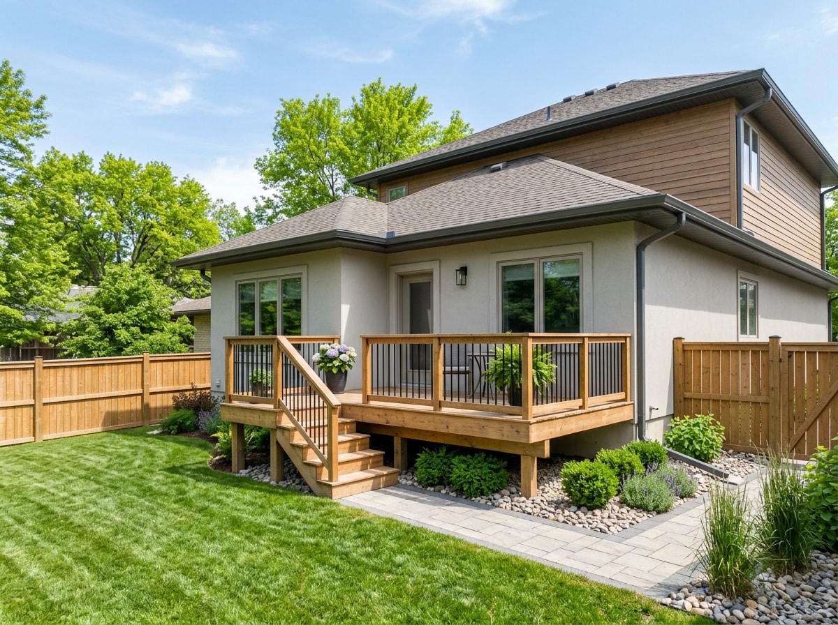 New deck installation and gutter system completed after site grading and drainage work on a Chapel Hill home