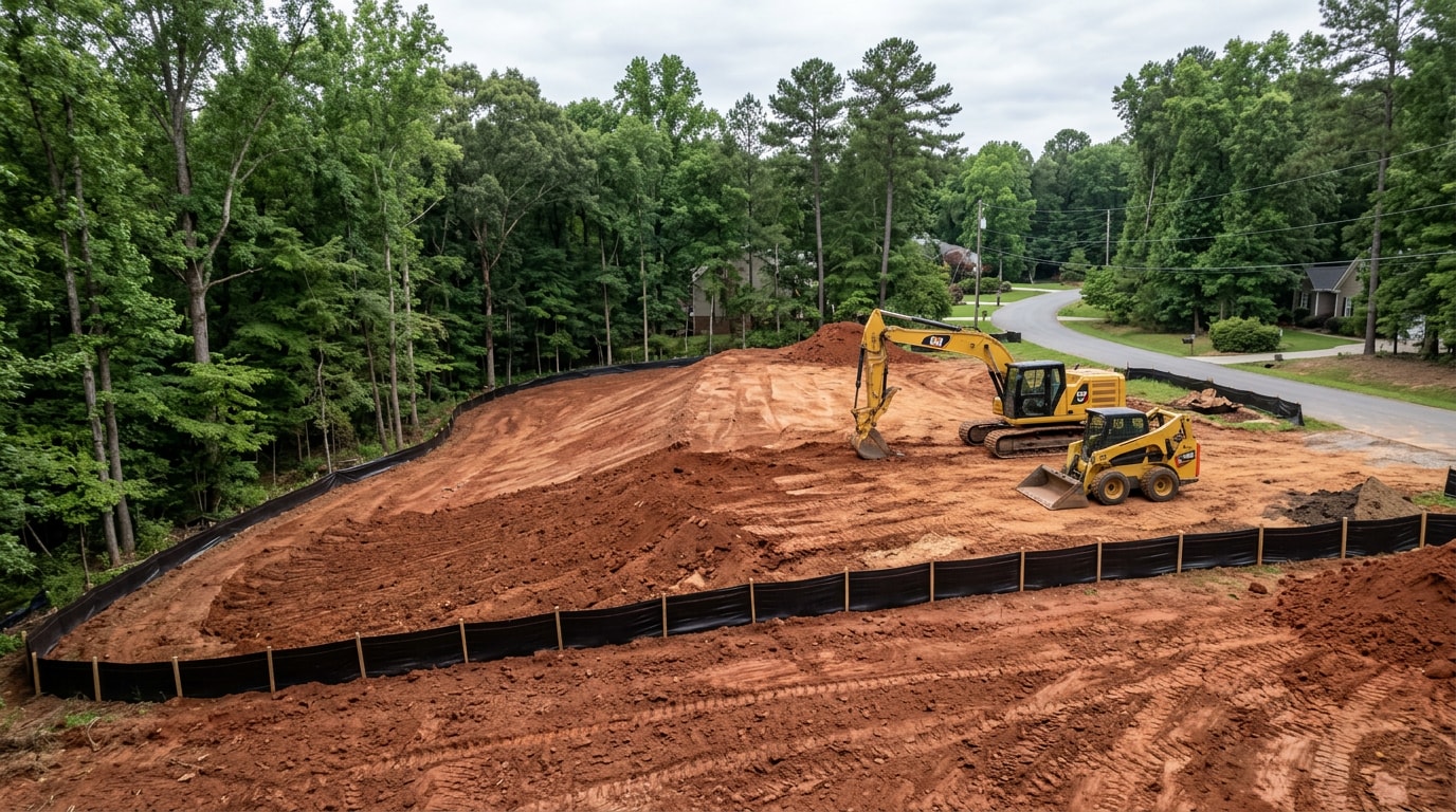 Graded residential lot with erosion control fencing and excavation equipment in Chapel Hill, NC