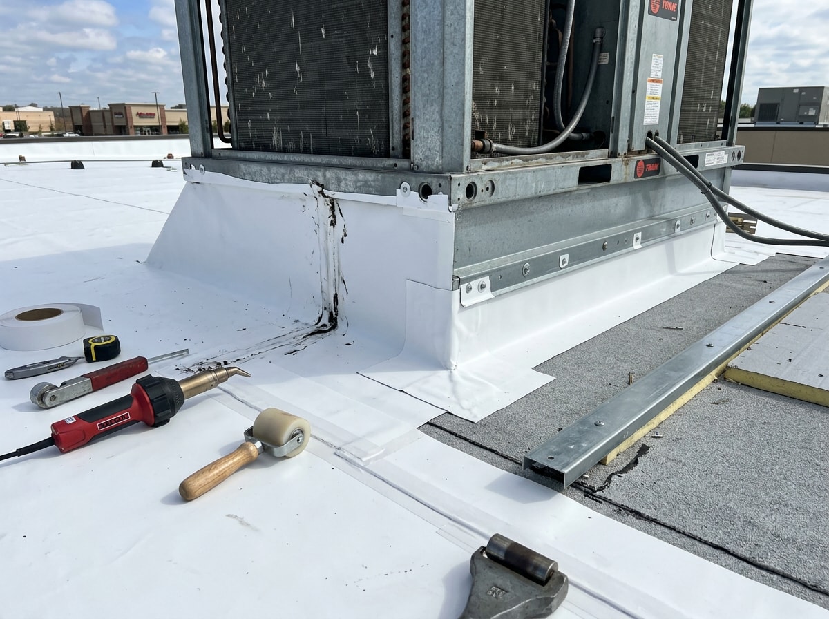 Commercial flat roof mid-renovation with new membrane and rooftop HVAC curbs