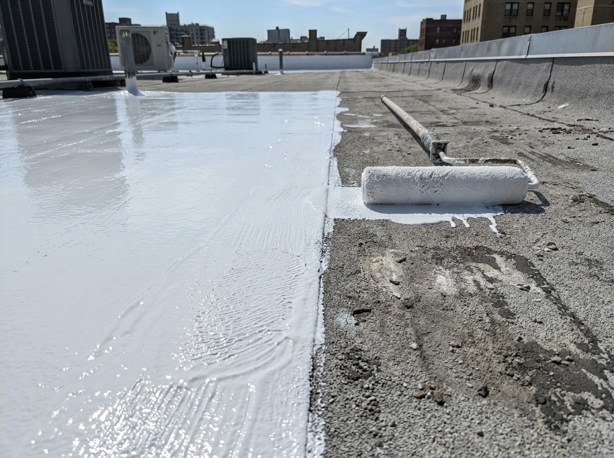 Close-up of reflective white roof coating applied to a commercial flat roof