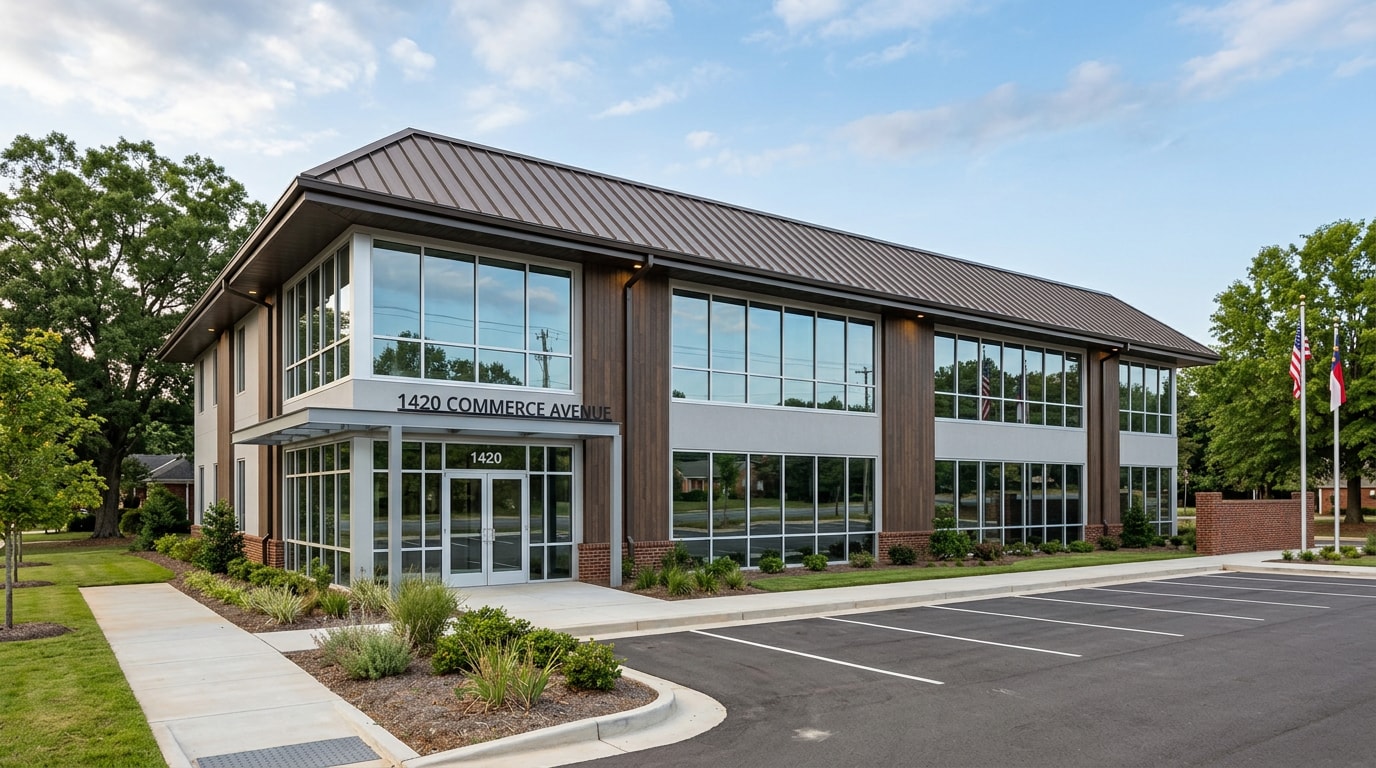 Renovated commercial office building exterior with new roof, siding, and windows Renovated commercial office building exterior with new roof, siding, and windows