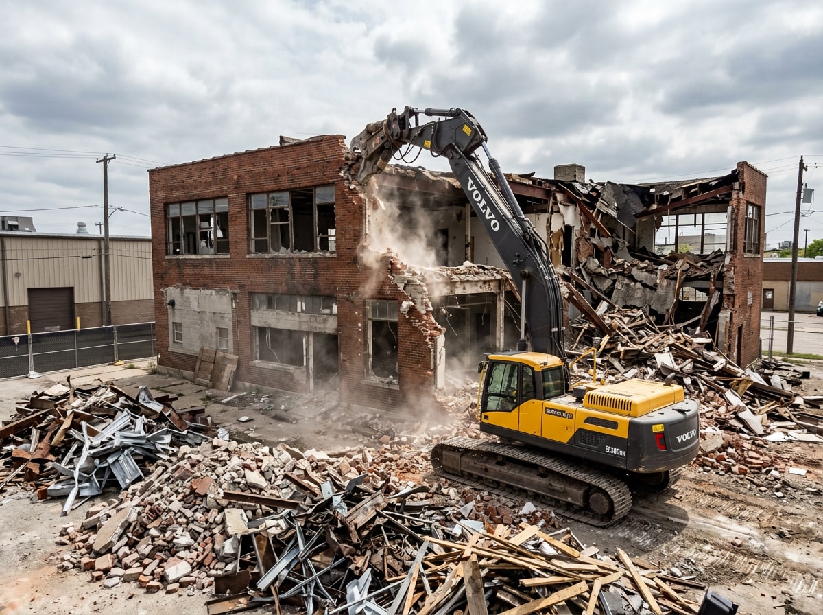 Full commercial building demolition site cleared with heavy equipment present