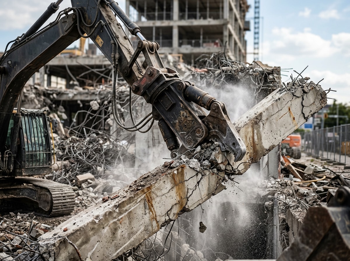 Modern demolition equipment with hydraulic attachment operating on a commercial job site