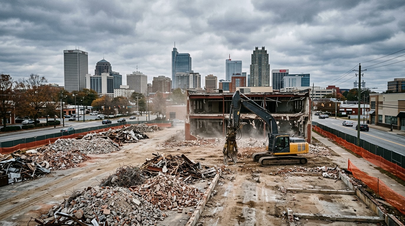 Commercial demolition site in Raleigh, NC with heavy equipment and a partially demolished building