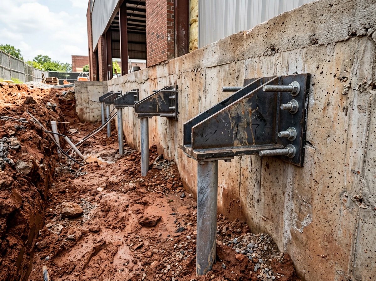 Steel push piers being installed along a commercial building foundation in Wake County