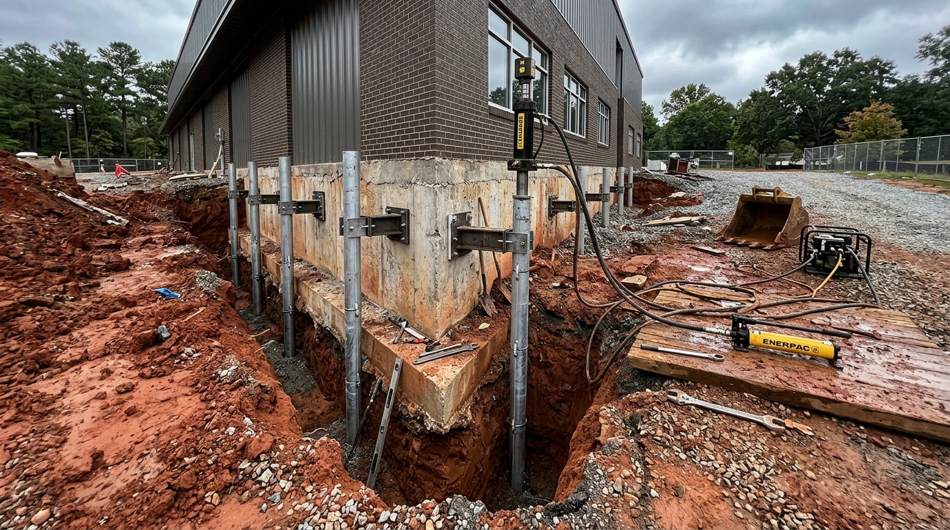 Commercial foundation repair with steel push piers installed along a building footing in Wake County, NC