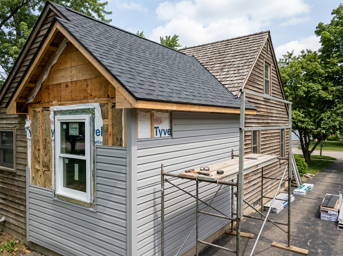 Exterior remodel showing coordinated roofing, siding, and window work on an Apex NC home