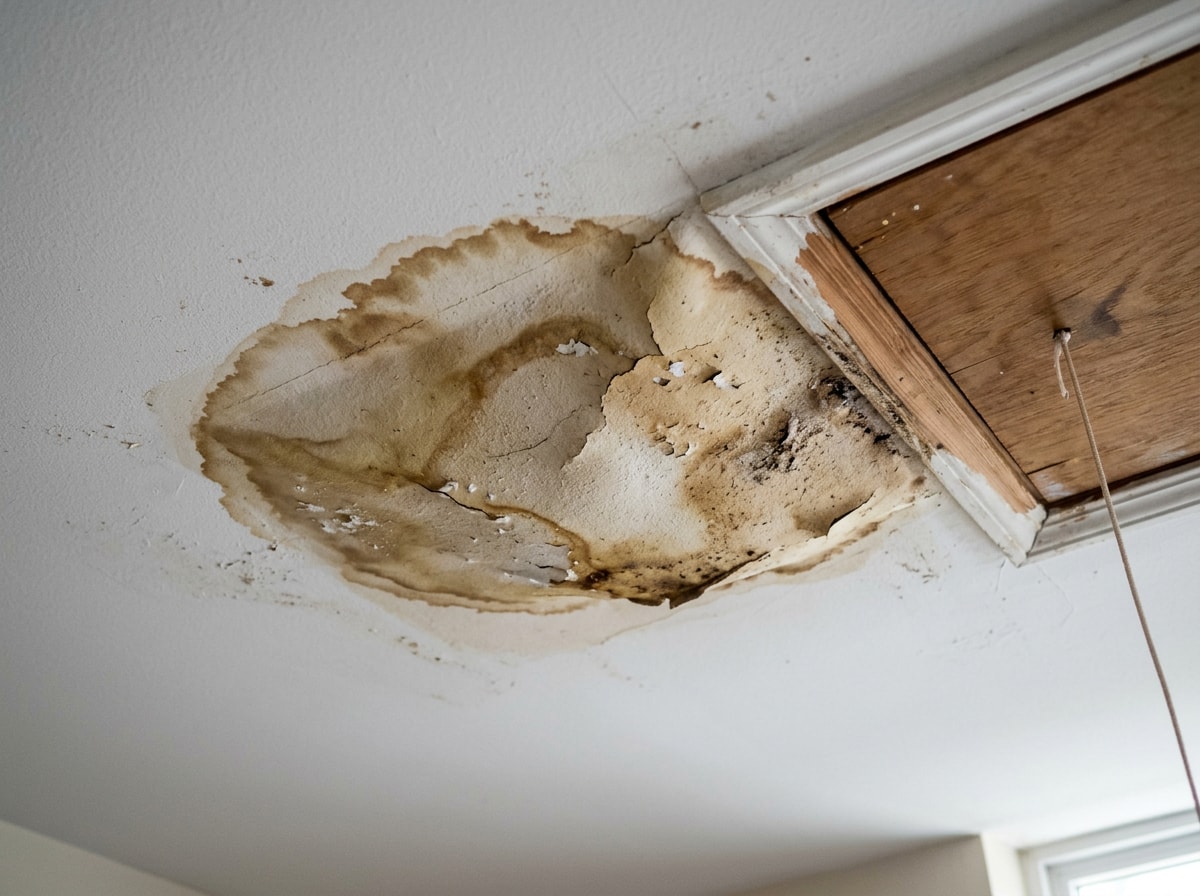 Water-stained gypsum wallboard ceiling panel showing roof leak damage before repair