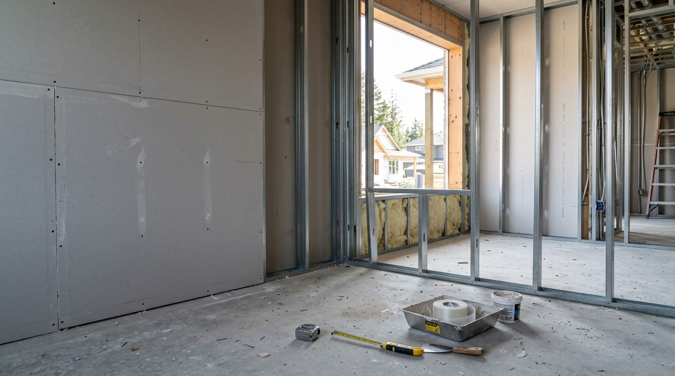 Gypsum wallboard panels installed during interior wall framing in a home under construction Gypsum wallboard panels installed during interior wall framing in a home under construction
