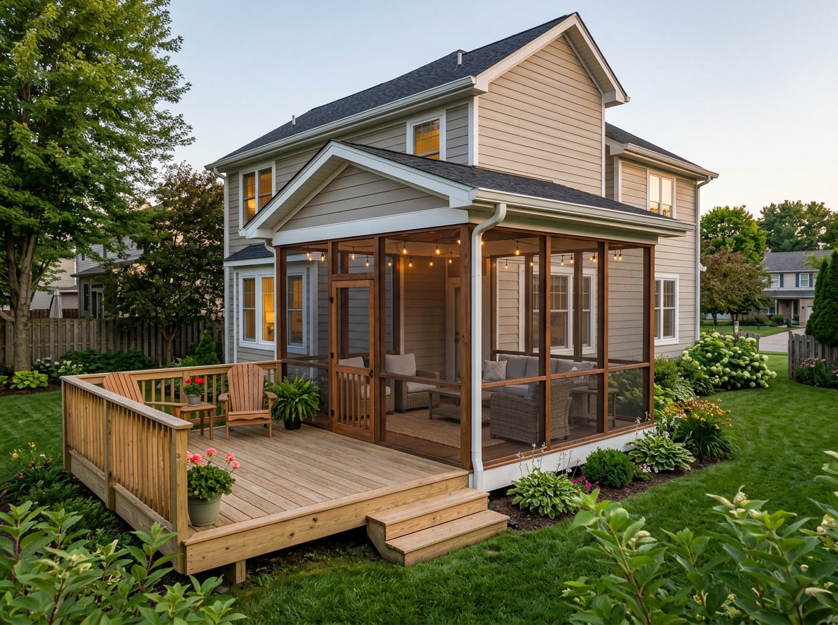 Screened porch addition with matching deck in a Garner, NC backyard
