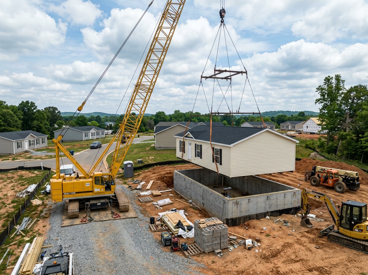 Modular home sections being set on a foundation in a Cary, NC subdivision