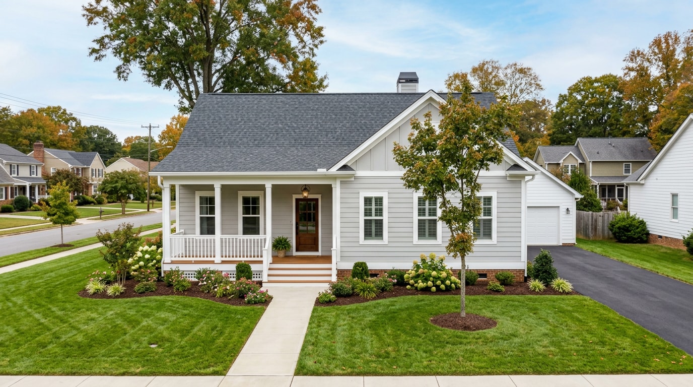 Finished modular home exterior in a Cary, NC neighborhood