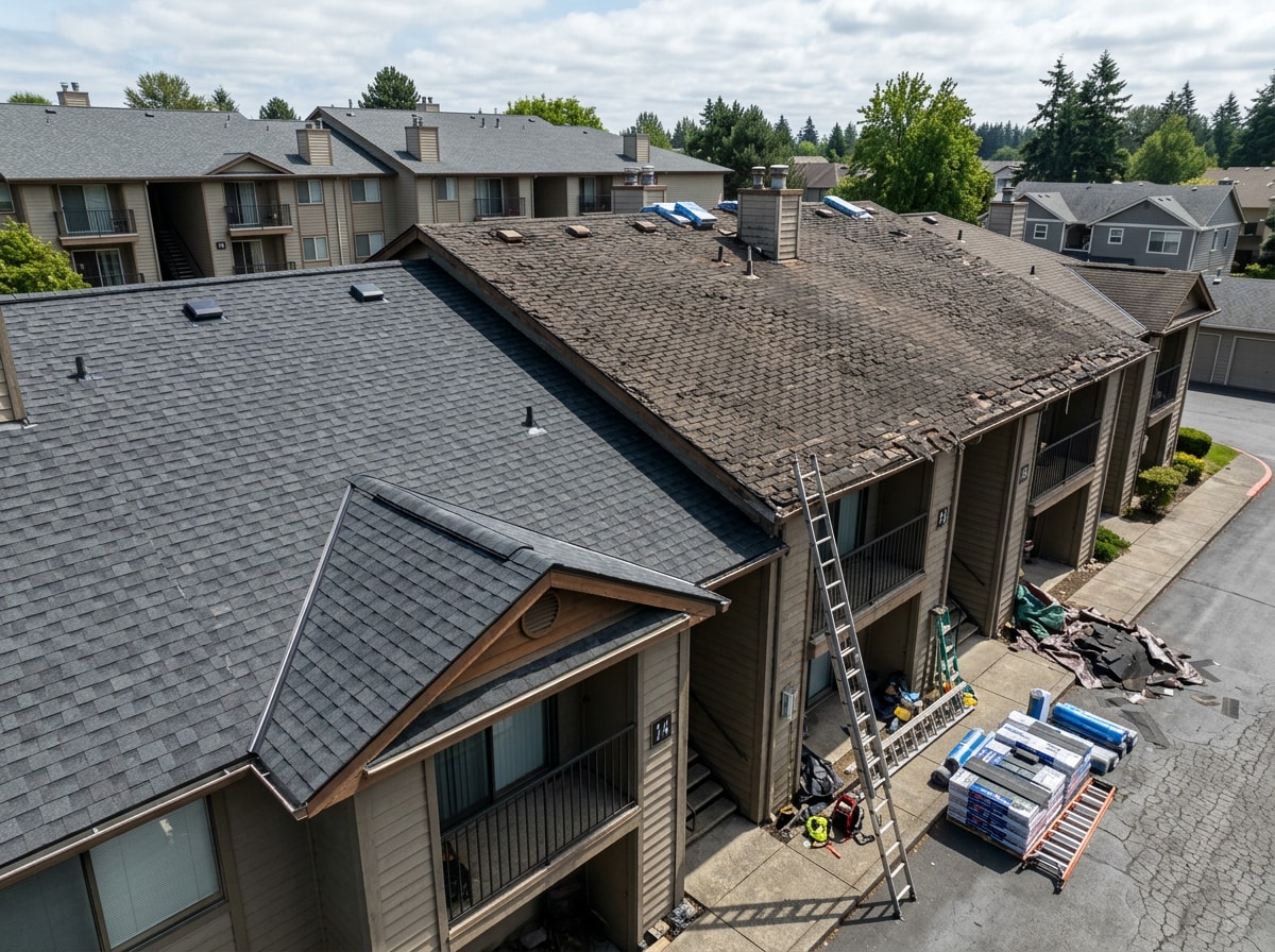 Multi-family apartment building mid-reroof with new shingles on one section and old roofing on another