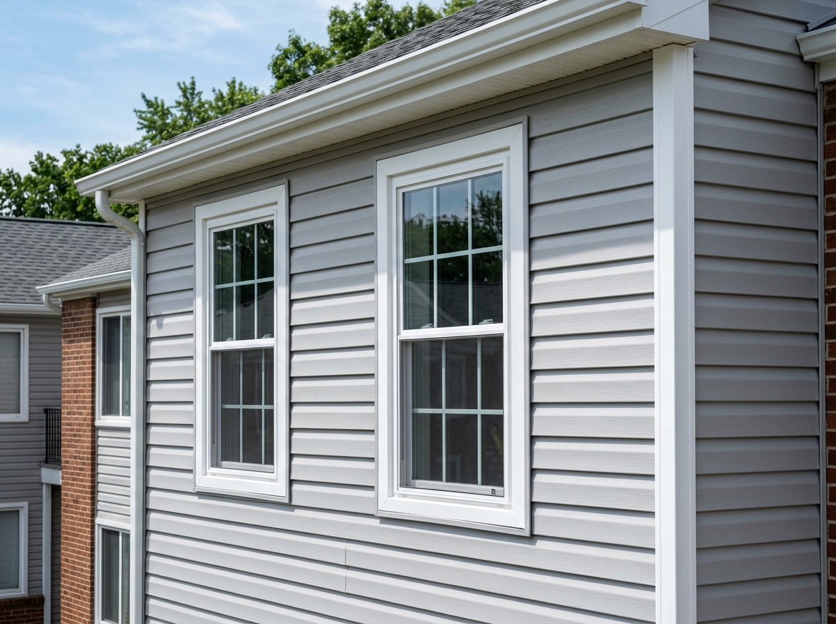 Close-up of new siding and replacement windows installed on an apartment building exterior