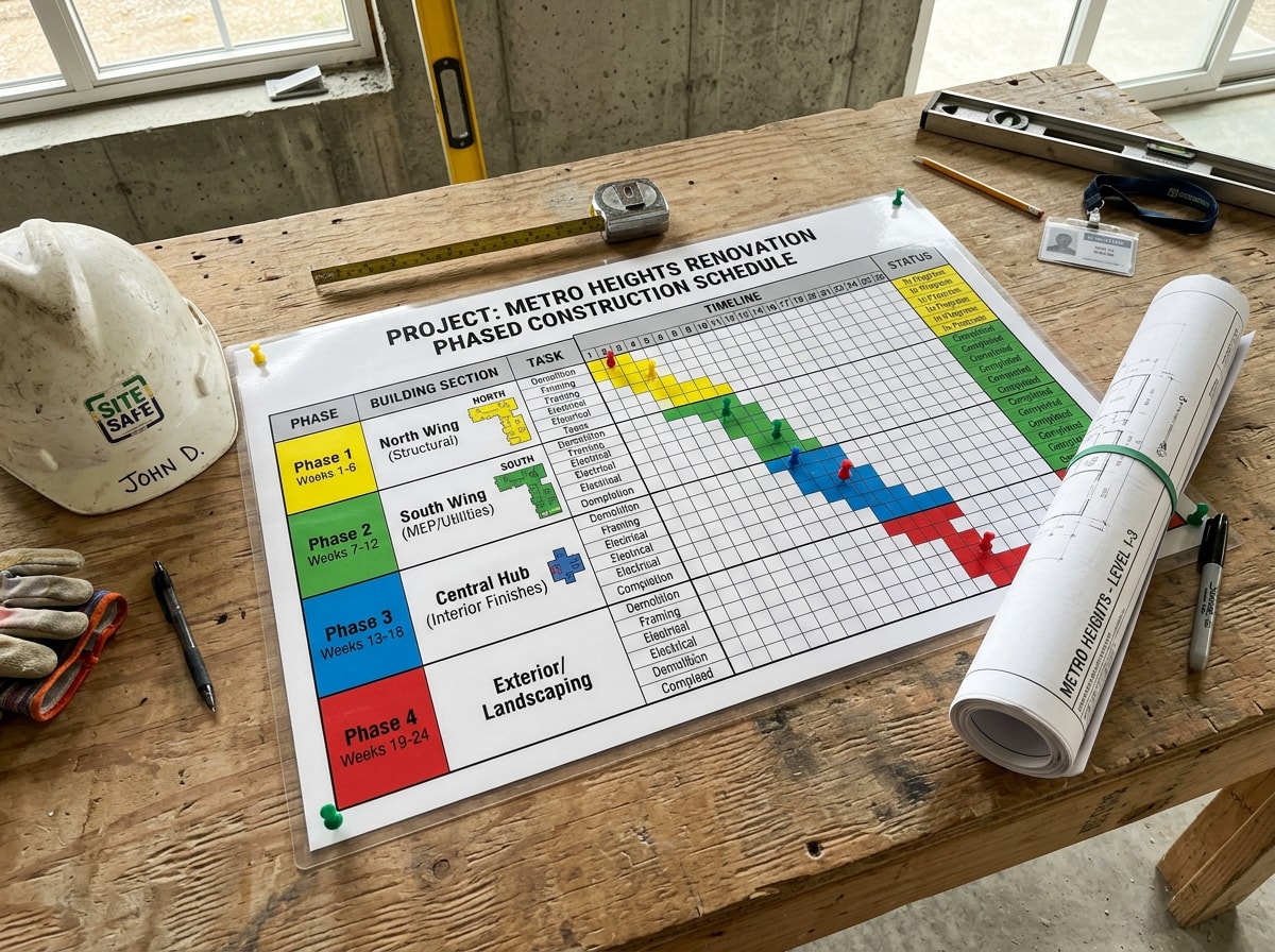 Diagram showing a four-stage phased renovation schedule across multiple apartment buildings