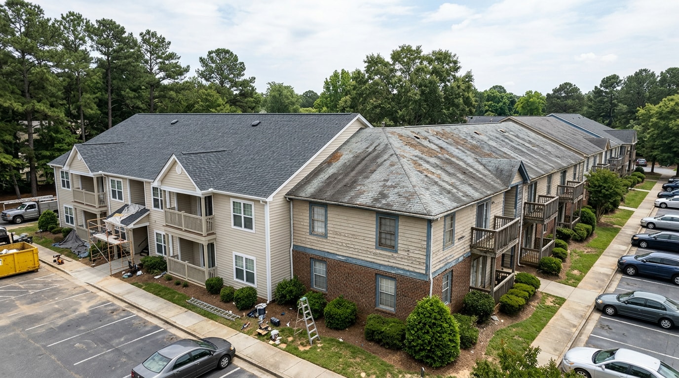 Multi-family apartment building in Morrisville NC undergoing exterior renovation with new roofing and siding