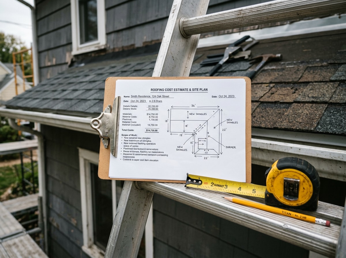 Contractor reviewing roof replacement plans and cost estimate on a clipboard at a Durham home