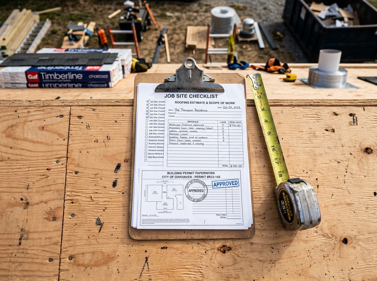 Checklist clipboard with roofing estimate, permit documents, and measuring tape on a job site