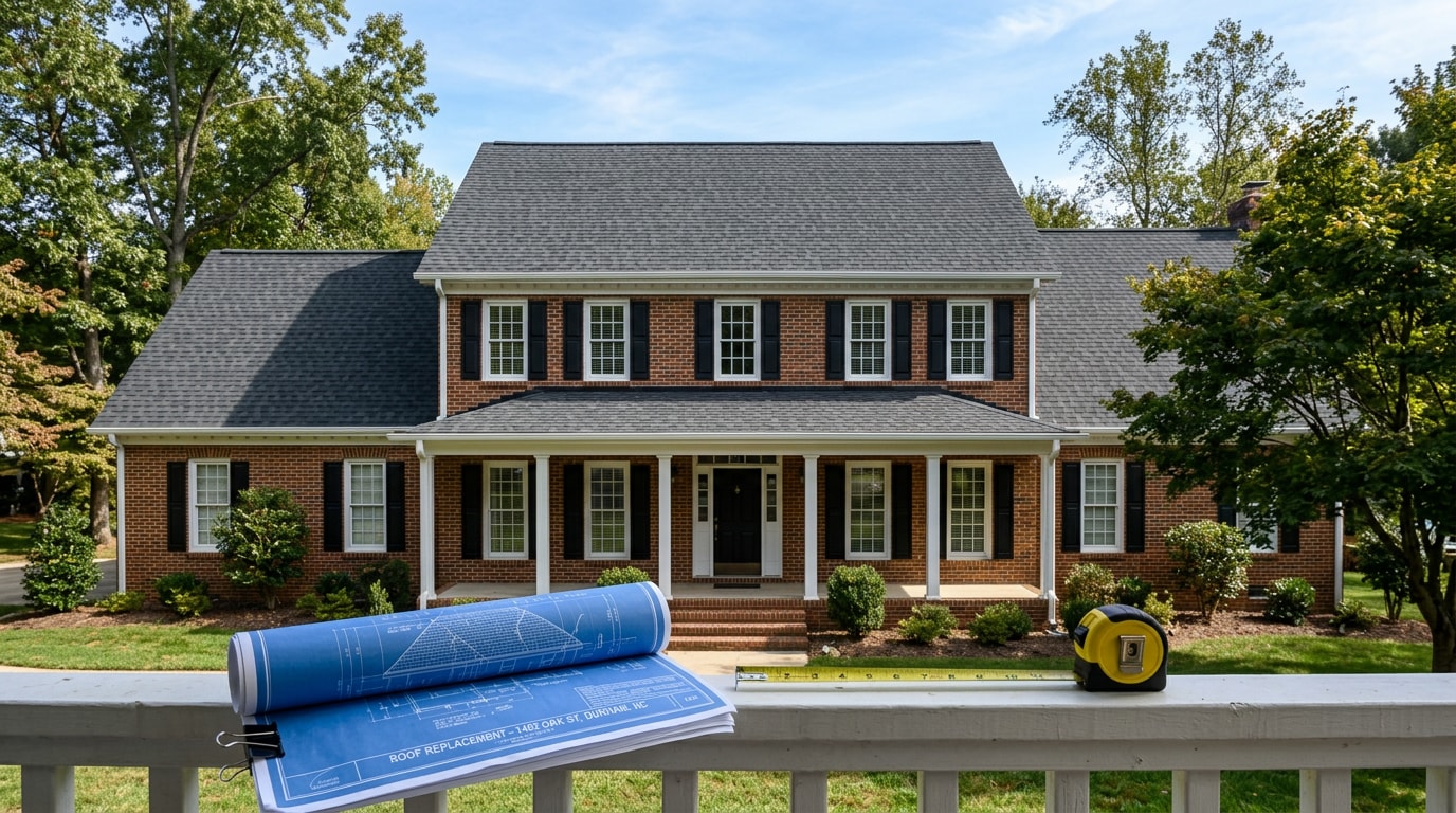 Finished roof replacement on a Durham, NC home with construction plans in the foreground