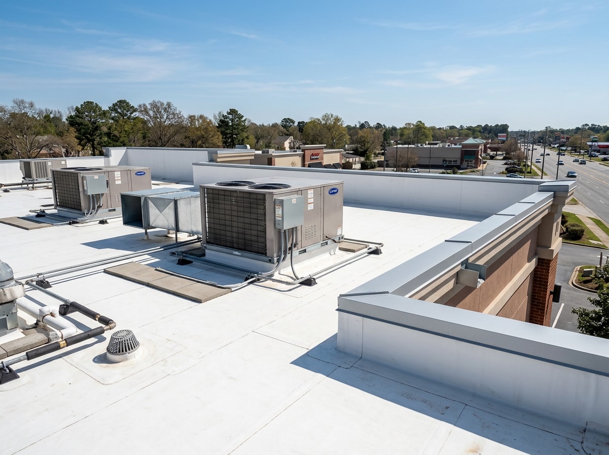 Retail strip center with newly replaced flat commercial roof in Raleigh, NC