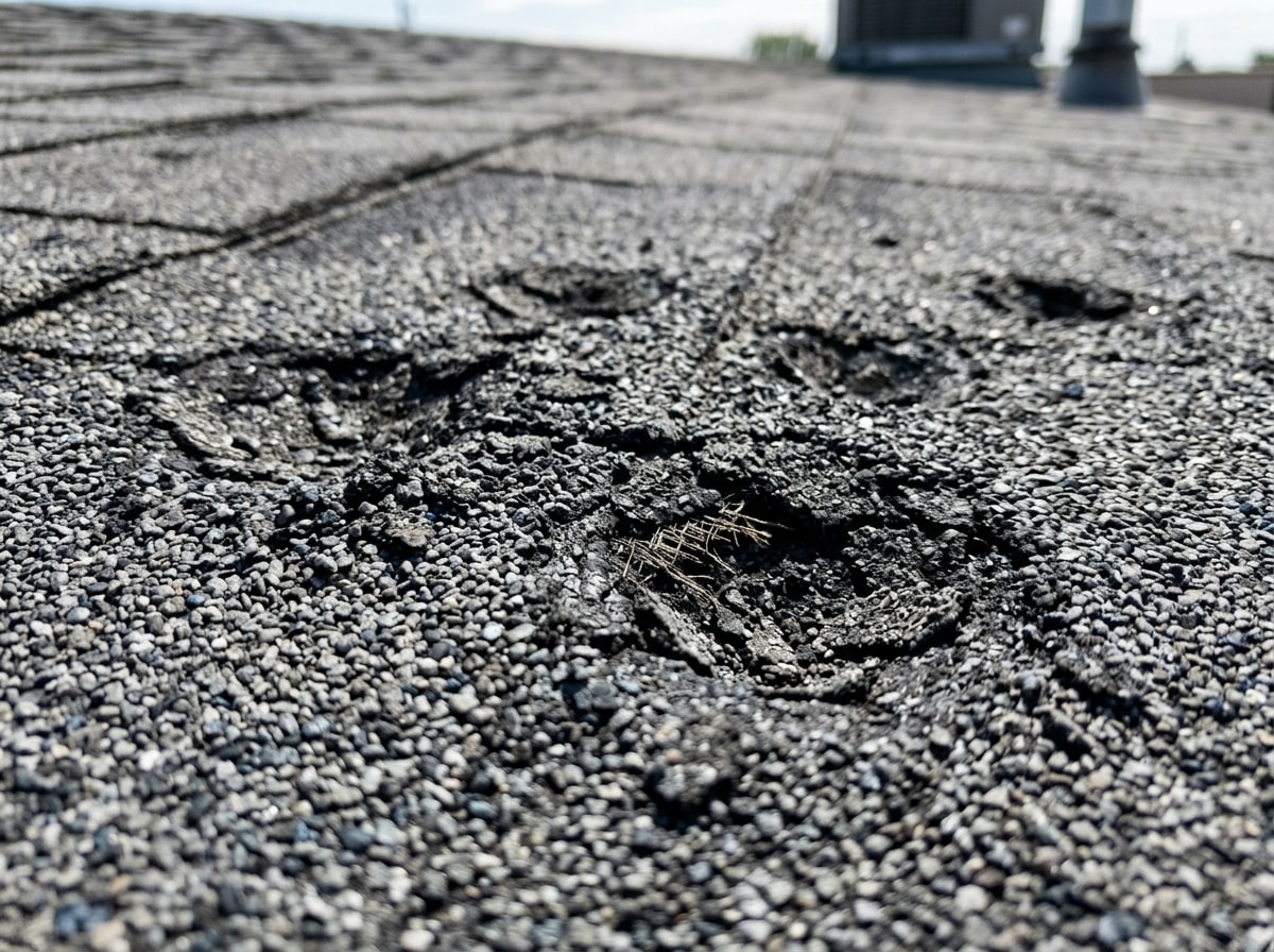 Close-up of hail-damaged commercial roof membrane on a retail building