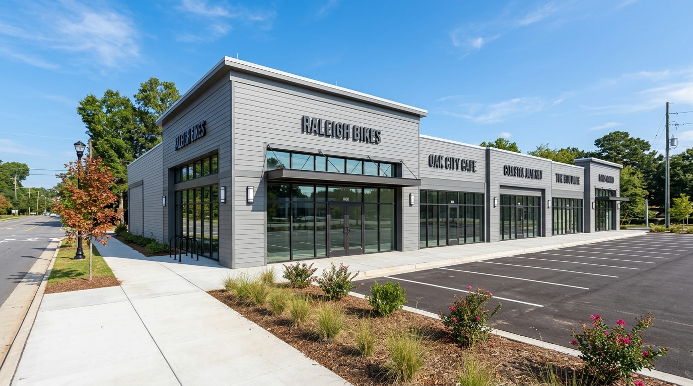 Retail strip center storefront in Raleigh, NC with a newly completed roof and siding exterior