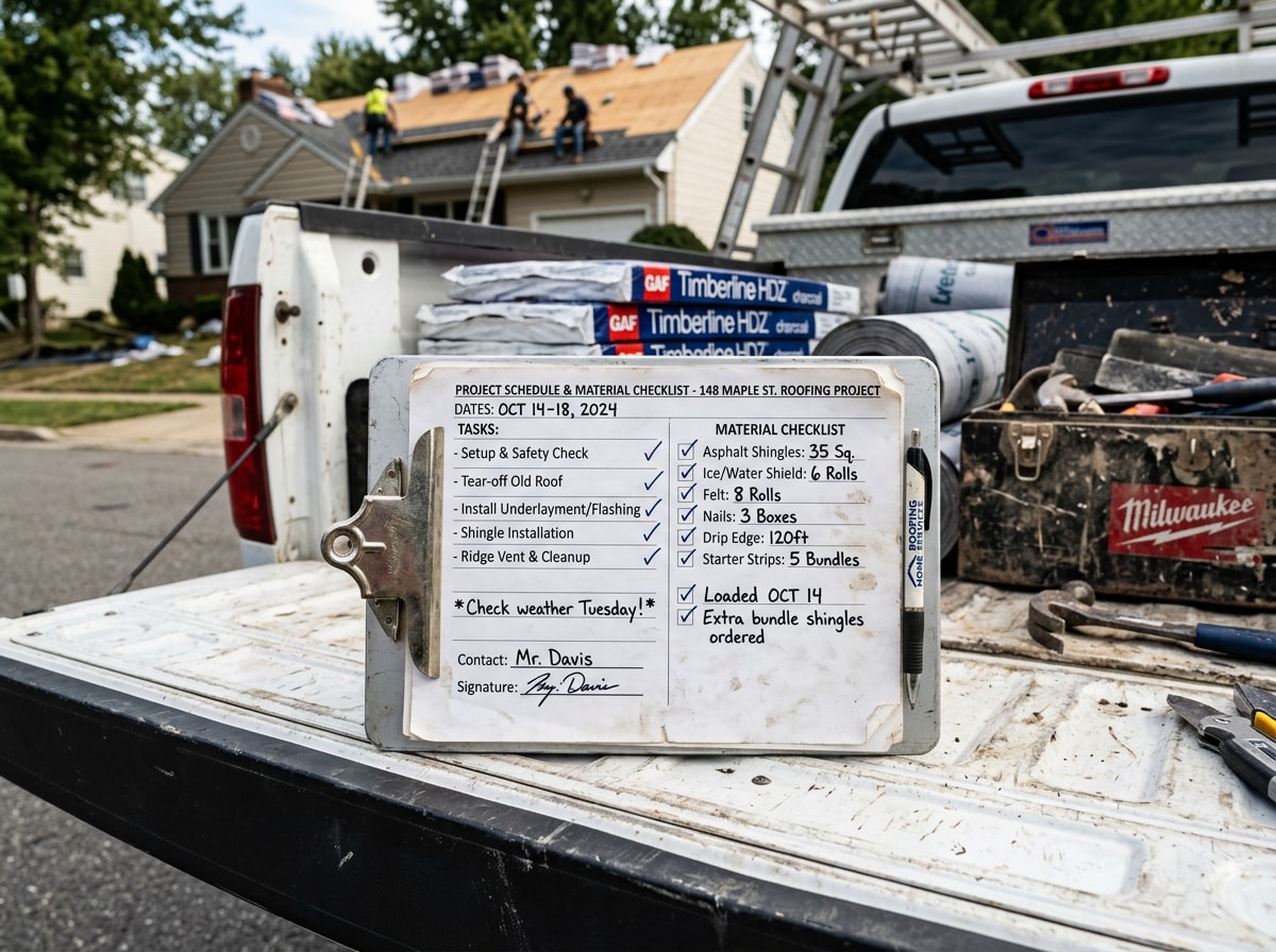 Clipboard with a roofing project schedule and material checklist resting on a truck tailgate at a residential job site