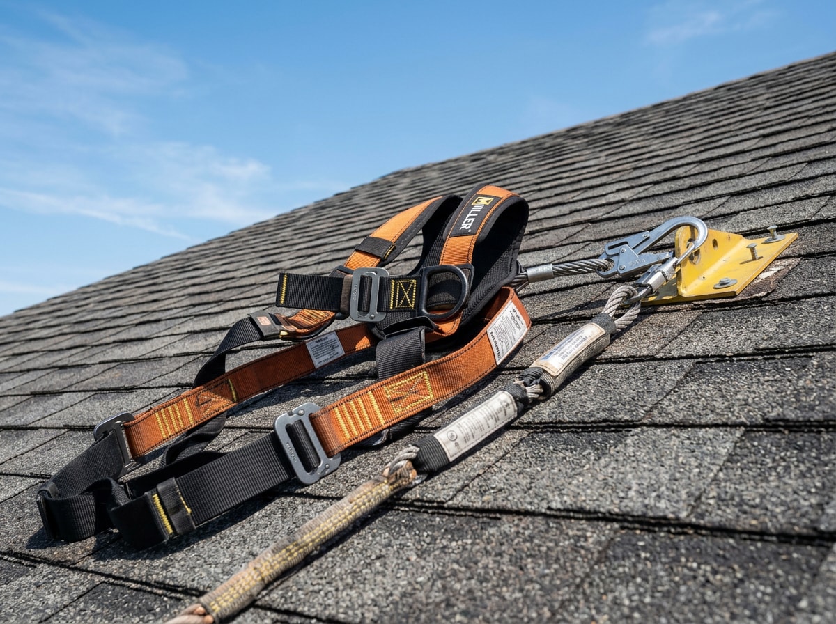 Roofing fall-protection harness and anchor point staged on a steep asphalt shingle roof, no workers present
