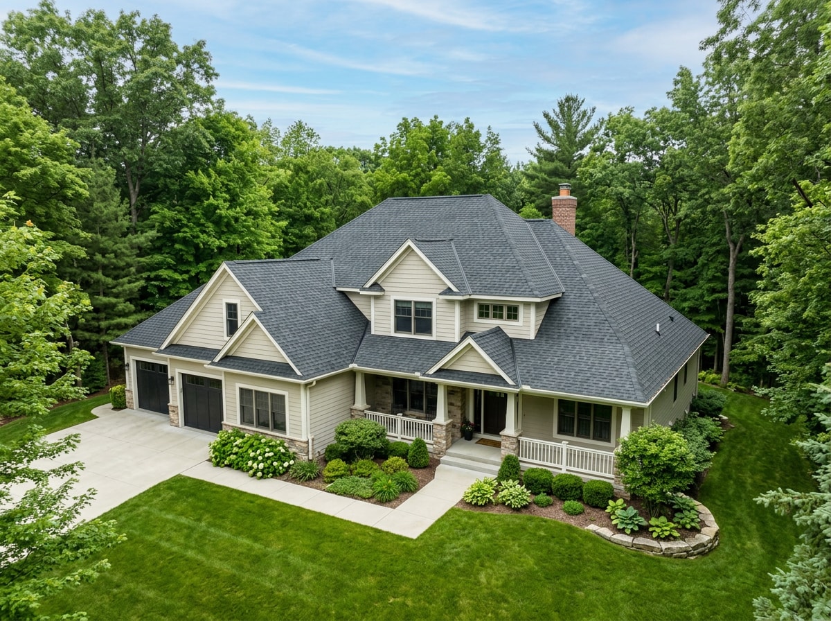 Completed architectural shingle roof replacement on a wooded residential lot, finished and clean with no debris visible