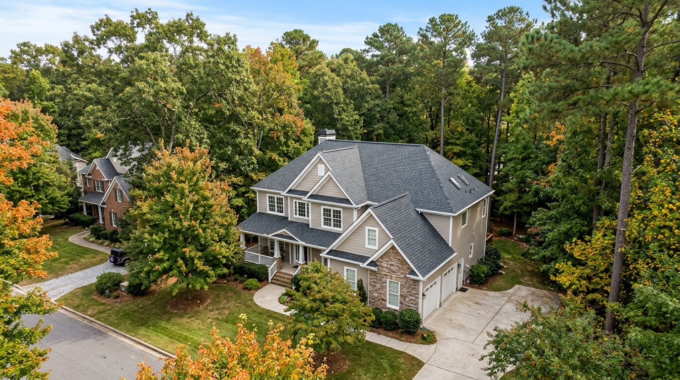 Finished roof replacement with architectural shingles on a wooded Chapel Hill, NC home