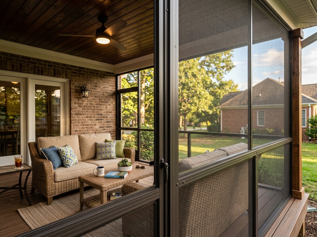 Finished screen room enclosure on a Durham, NC home with aluminum framing and outdoor seating