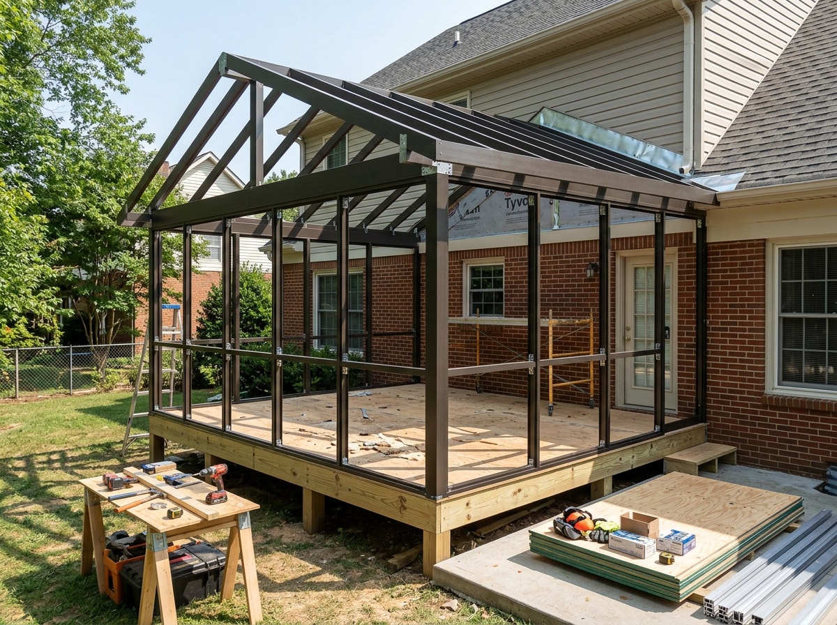 In-progress custom screen porch construction showing aluminum frame and roof tie-in