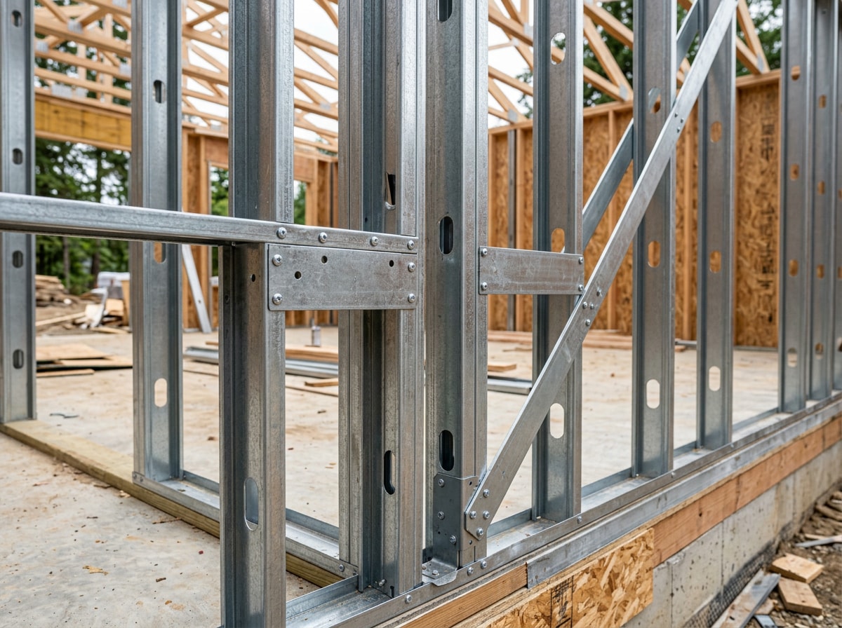 Completed cold-formed steel stud wall framing on a Garner, NC job site