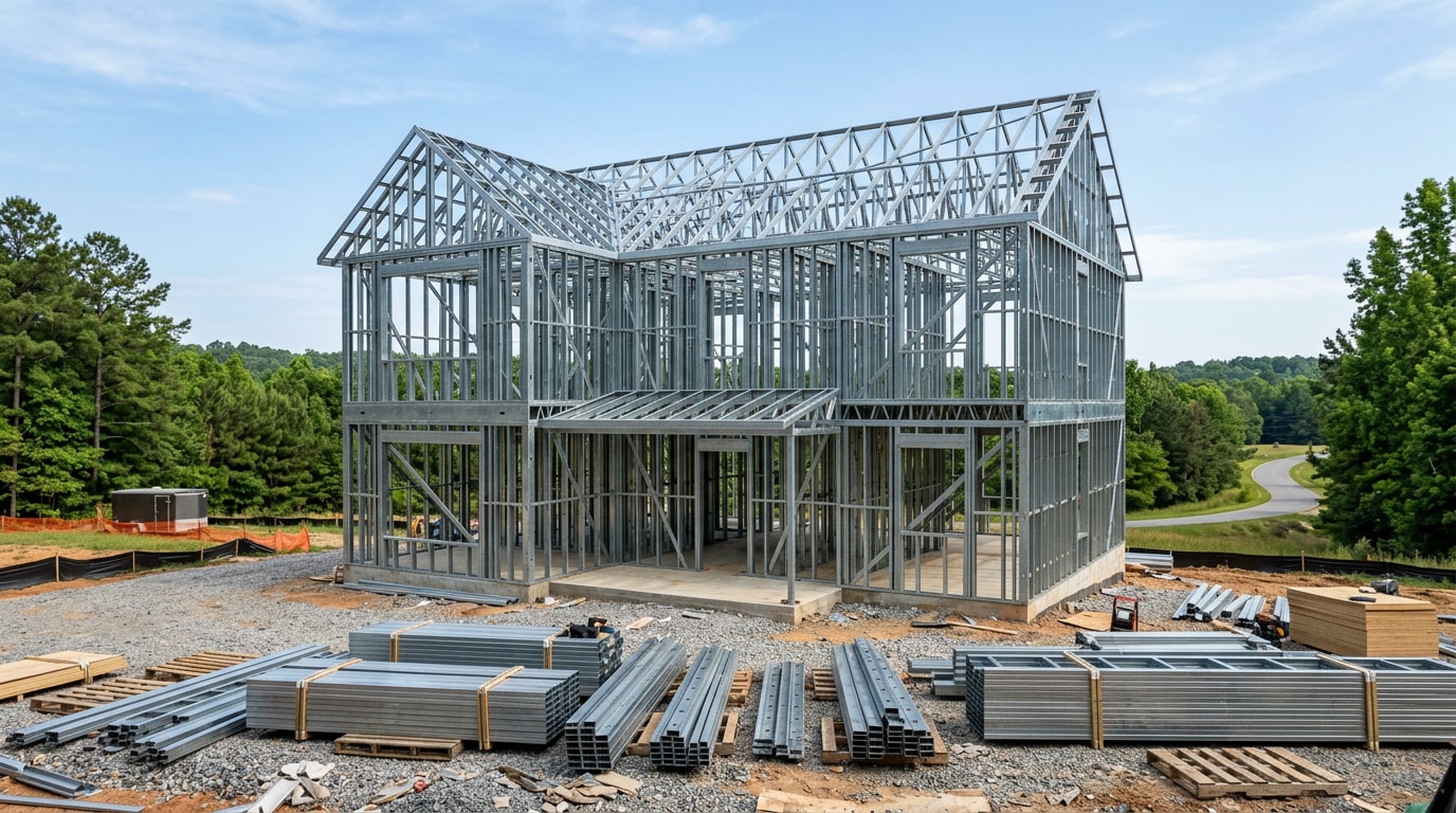 Steel frame structure under construction in Garner, NC