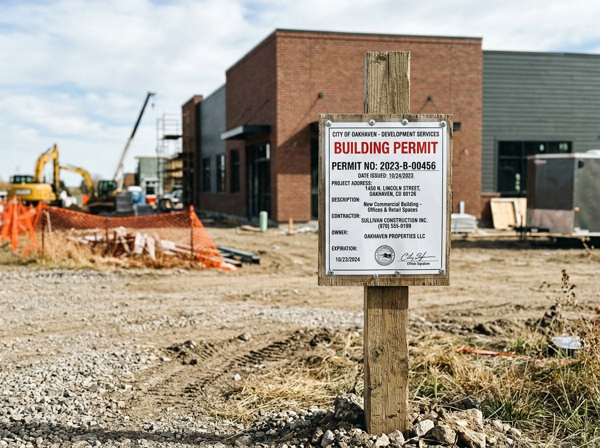 Apex NC commercial job site with a building permit placard posted near a finished entrance