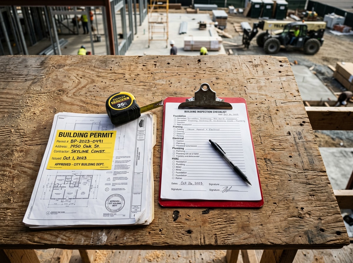 Building permit documents and an inspection checklist laid out on a job site table