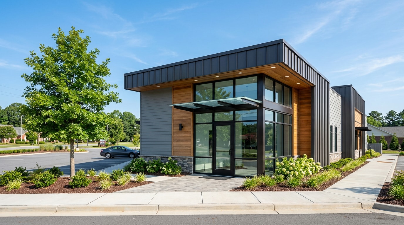 Finished commercial building exterior in Apex, NC ready for occupancy